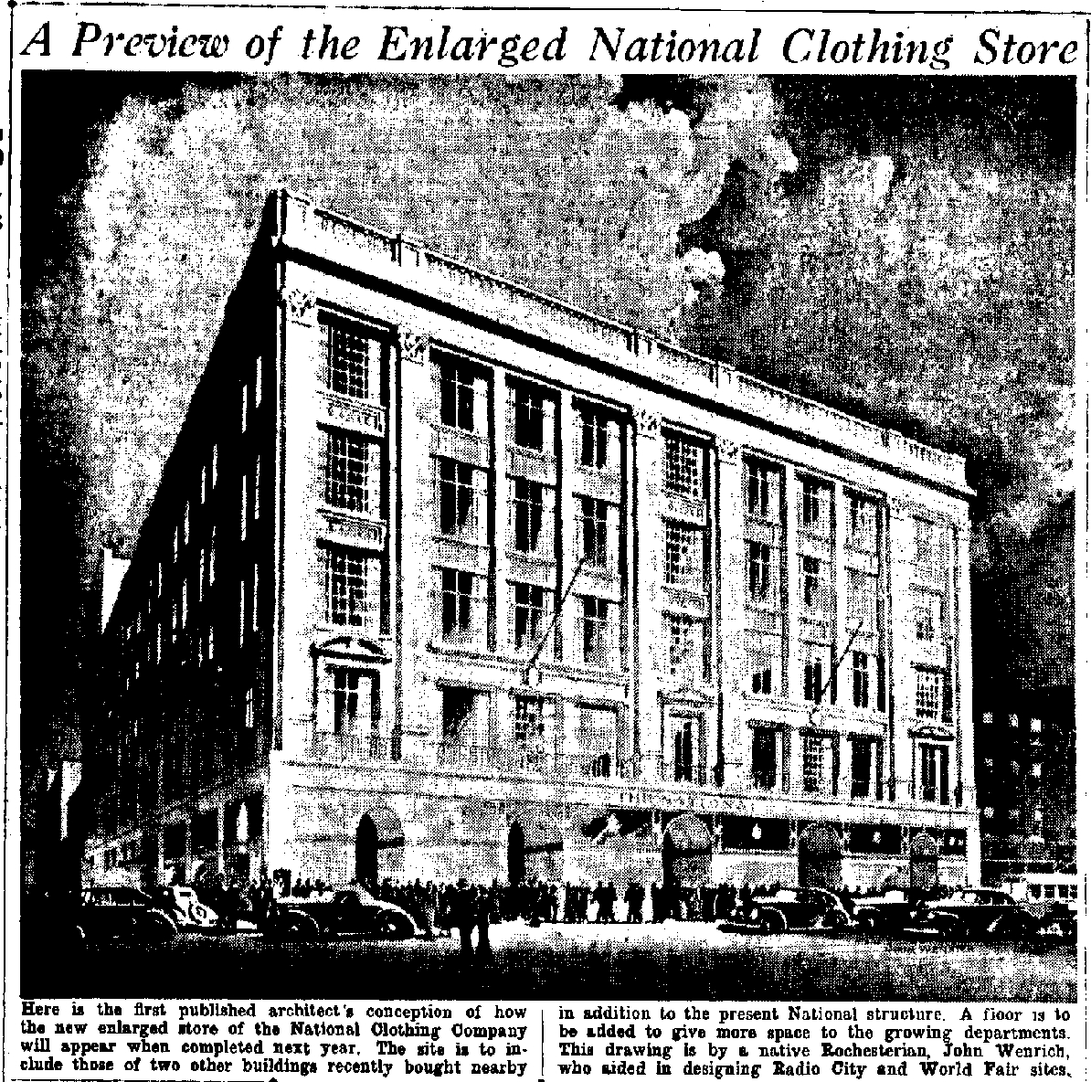 An architect concept drawing showing how the National Clothing Store would have looked after a proposed expansion in 1938.