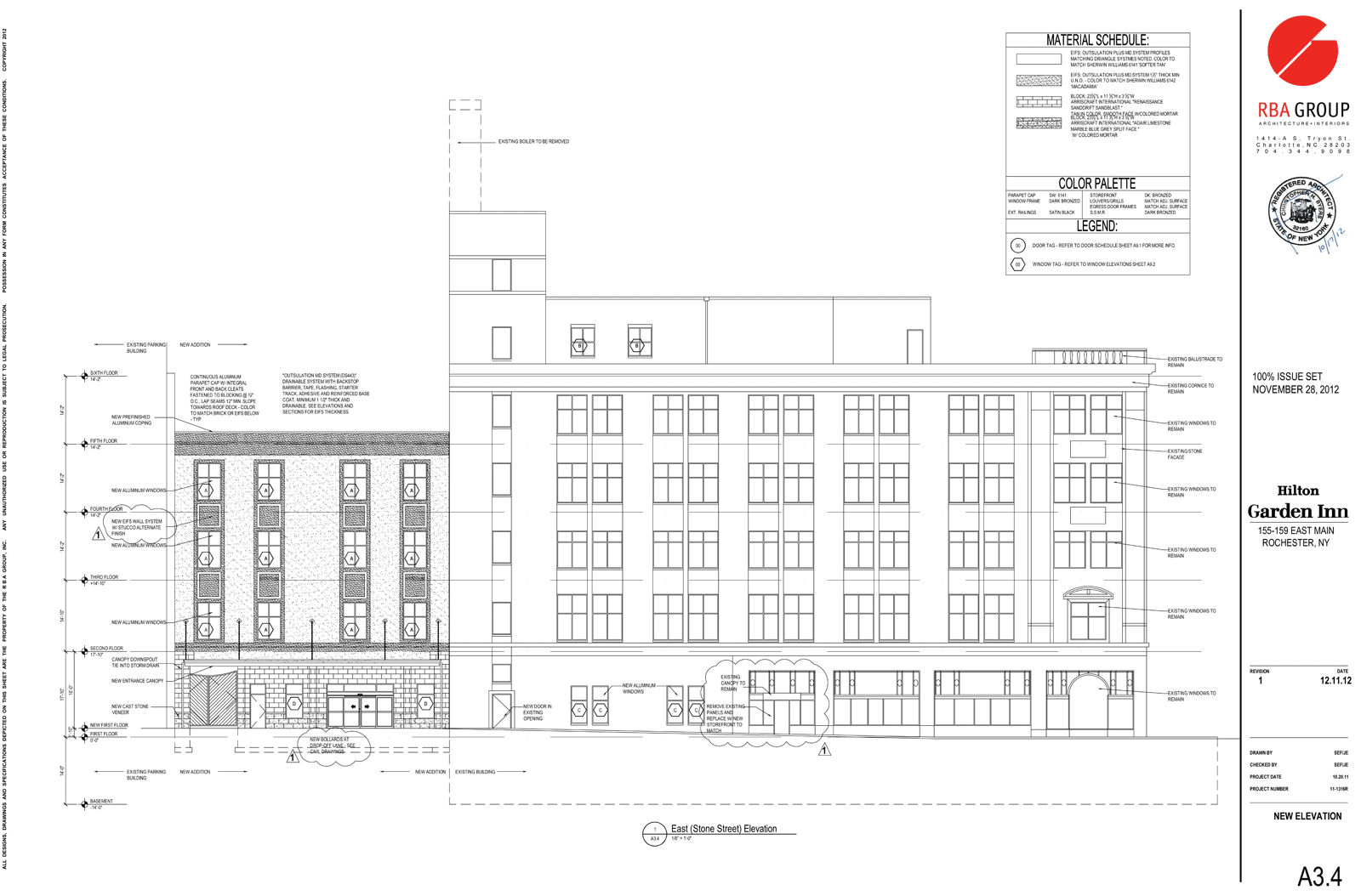 East elevation drawing. The former Stone Street Grill will be demolished and replaced with a new four-story addition for more hotel rooms. [Image: The RBA Group]
