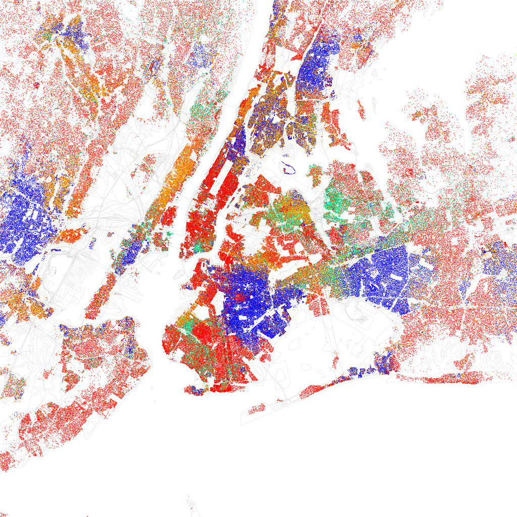 Map of racial and ethnic divisions in New York City, created by Eric Fischer using 2010 Census data.