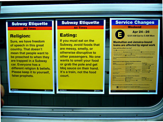 Jason Shelowitz, a NY graphic designer, created about 360 of these subway etiquette posters. Photo via leonem's flickr.