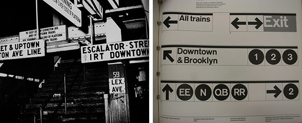 LEFT: The mess of New York City subway signs at 59th Street/Lexington (c.1965). RIGHT: A page from the 1970 NYCTA Graphic Standards Manual.