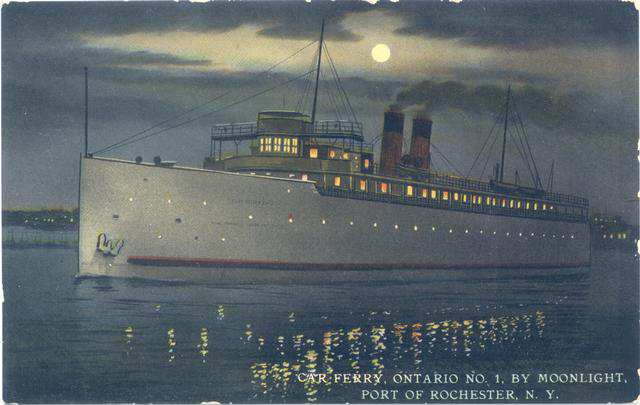 Vintage view of car ferry Ontario no. 1 at night.