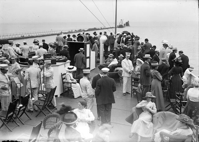 Group of city clerks and their families on board the ferry Ontario I during the Rochester Common Council outing at Coburg. August 4, 1912. [PHOTO: Albert R. Stone]