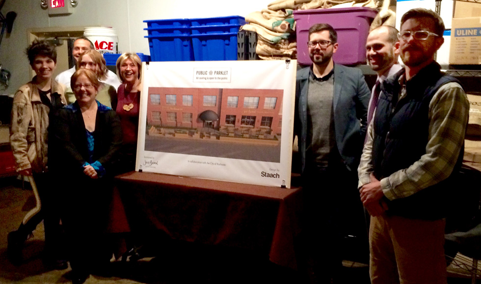 At the unveiling party last week at Joe Beans. From left to right: Nicole Howley, Nancy Johns-Price, Christopher Calabro (Building Owner), Madelaine Britt, Kathy Turiano, Seth Eshelman, Erik Frisch, Brandon Colaprete. [PHOTO: Alex Freeman]