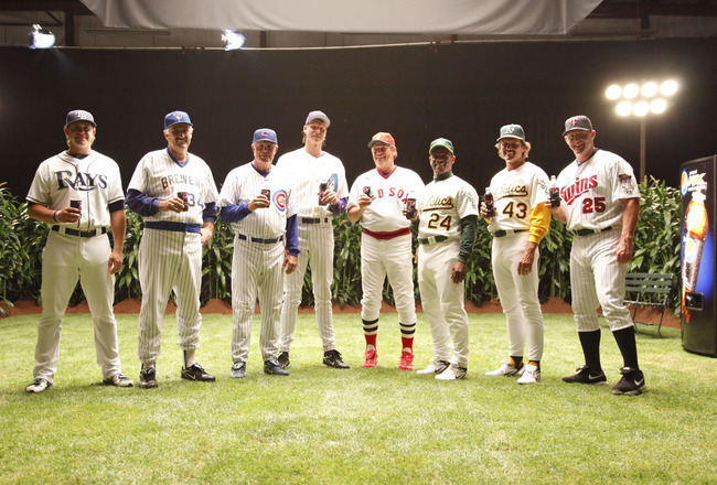 Some of the MLB players from the Pepsi MAX MLB Field of Dreams 2011 game sporting a carbonated beverage which shall remain nameless. [PHOTO: RamanMediaNetwork.com]