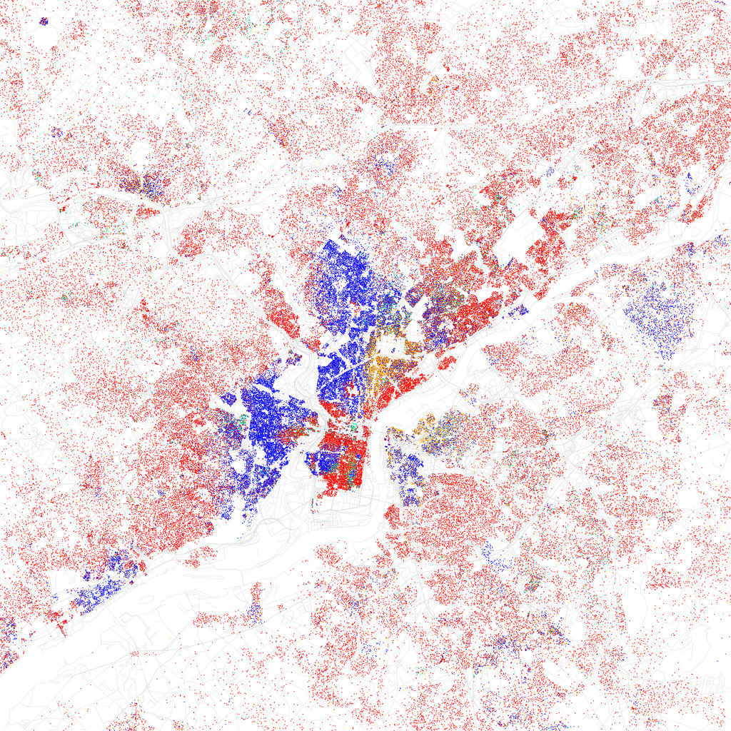 Map of racial and ethnic divisions in Philadelphia, created by Eric Fischer using 2010 Census data.