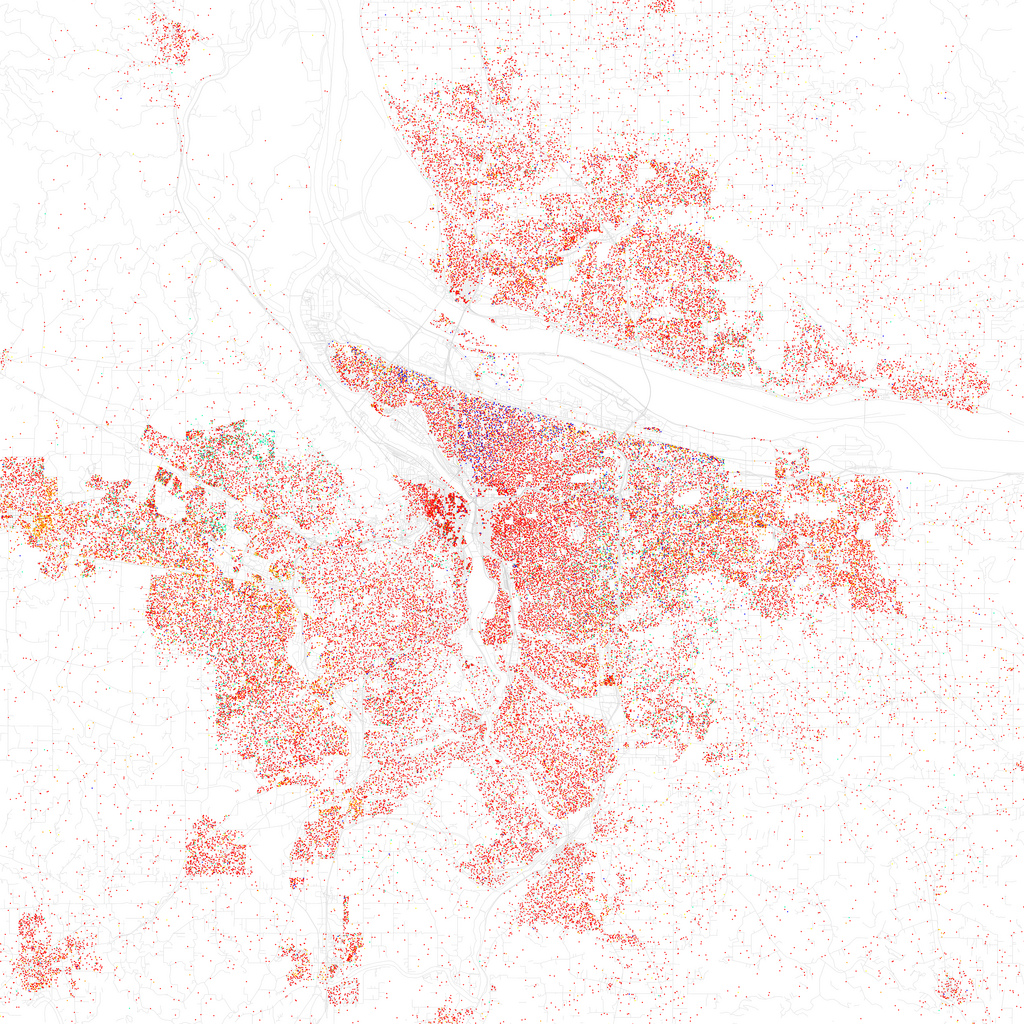 Map of racial and ethnic divisions in Portland, Oregon, created by Eric Fischer using 2010 Census data.