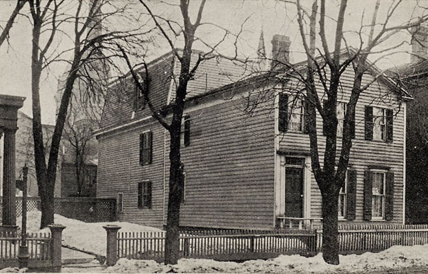A view of the home of Isaac and Amy Post, a stop on the Underground Railroad (1893). It was located on Sophia Street (now Plymouth Avenue) in Rochester. The site later became Central Presbyterian Church where the funerals of Frederick Douglass (1895) and Susan B. Anthony (1906) took place. Today the church is used by Hochstein Music School. [IMAGE: Rochester Public Library]
