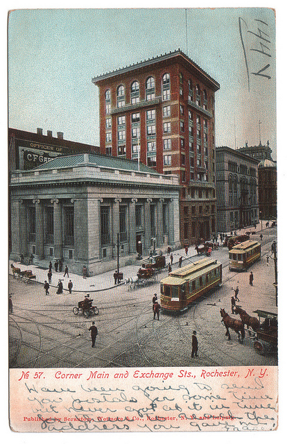 Rochester Trust & Safe Deposit Co. at Main and Exchange Streets (c1910).