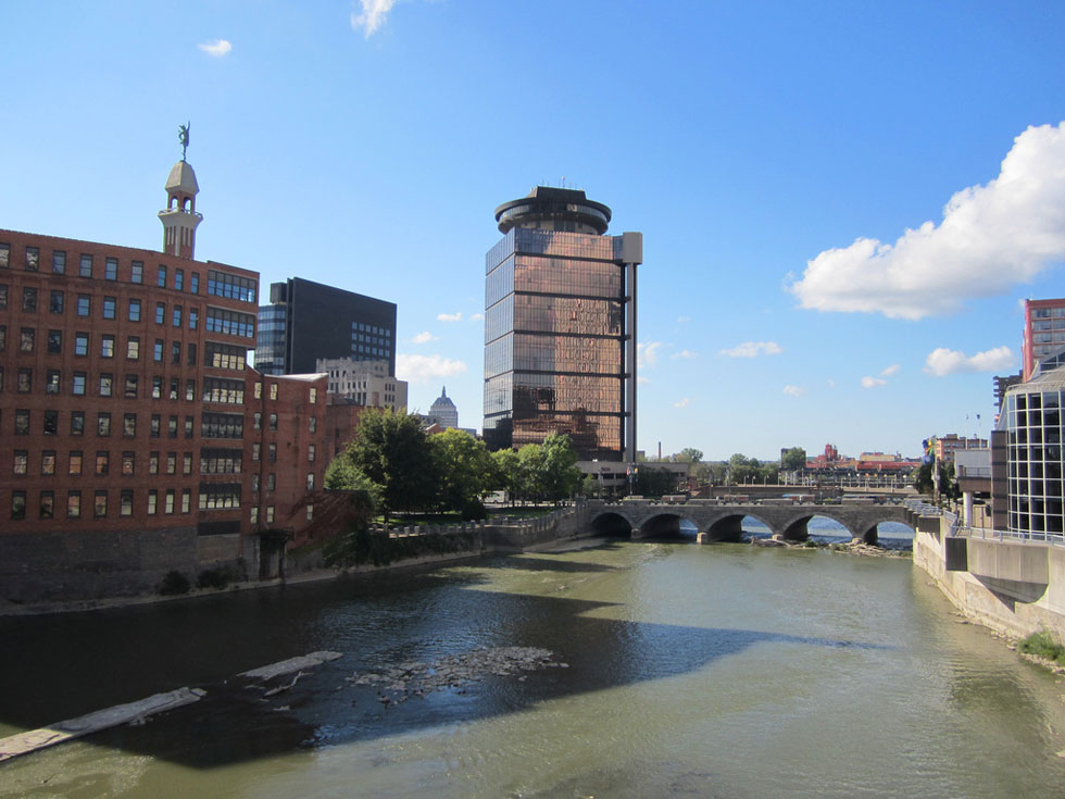 Downtown Rochester, Genesee River, and the Mercury statue. [PHOTO: Ryan Green]