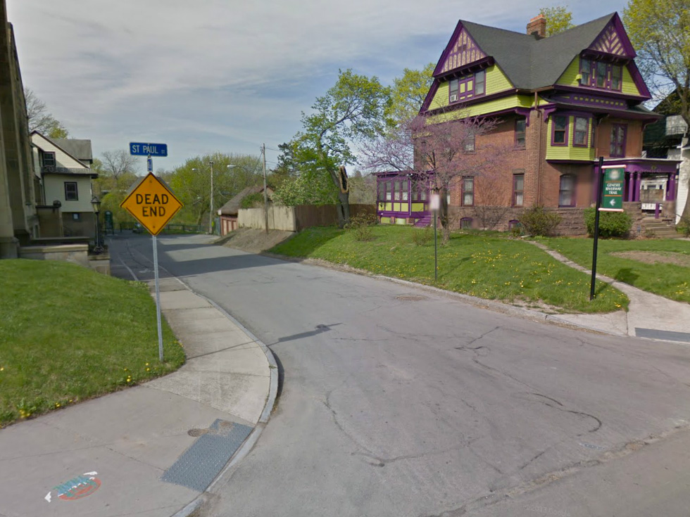 Turn left off of Saint Paul to follow the Genesee Riverway Trail. [IMAGE: Google Streetview]