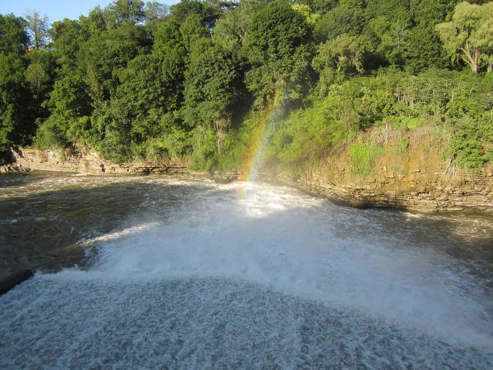 Riding over Middle Falls. Ooh... pretty rainbow! [PHOTO: Ryan Green]