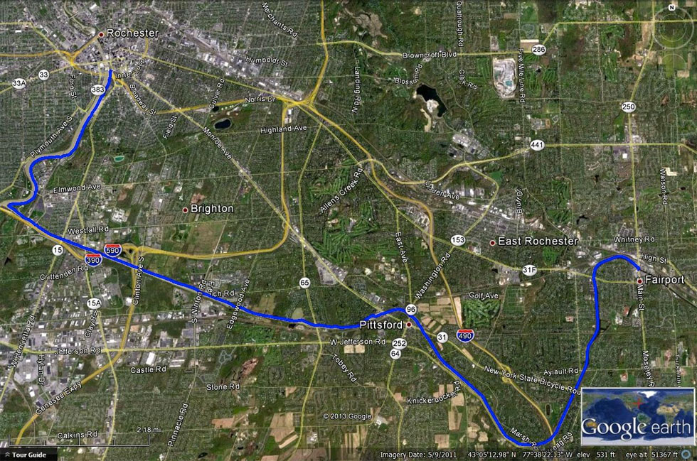 The route from downtown Rochester to Fairport. 17 miles one way. Slightly downhill. No roads to cross.  [IMAGE: Google Earth]