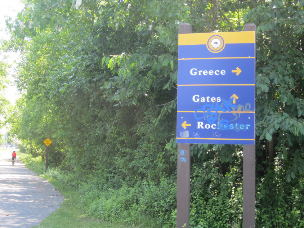 We reach a nice little area near the Gates/Greece border with benches and historical signage.  [PHOTO: Ryan Green]