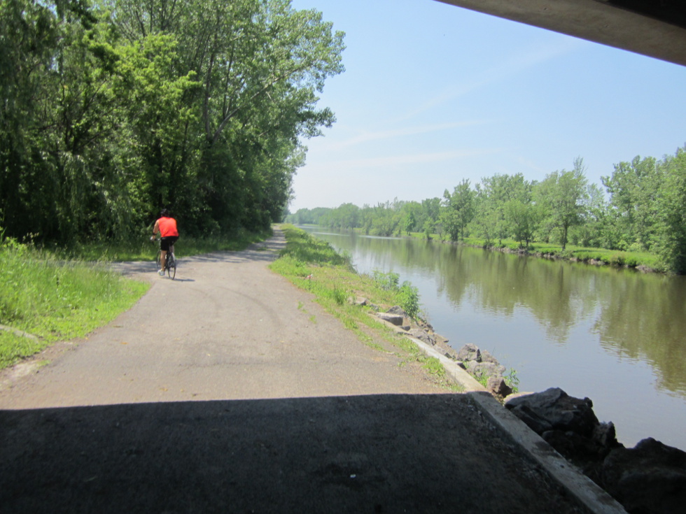 This guy had the right idea: Right after the little rest area, at 9 miles on this route, head under Long Pond Road, and take a left to get on the road to cross the canal and connect with the trail on the other side. [PHOTO: Ryan Green]