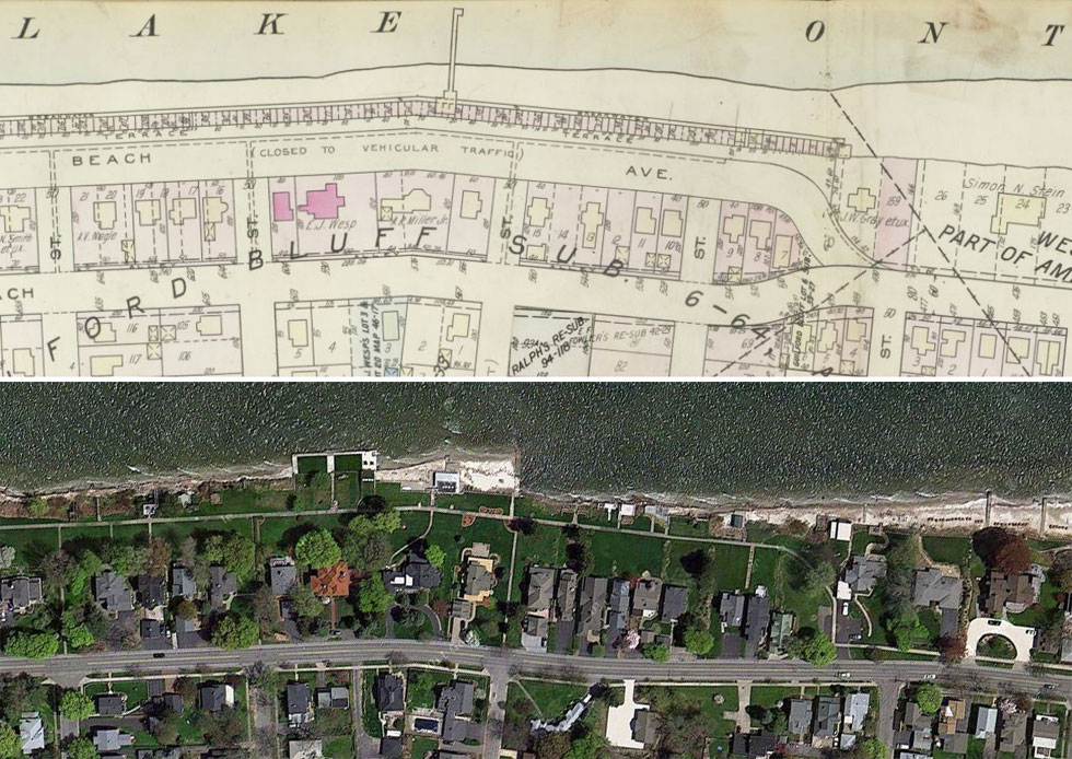 A plat map of Beach Avenue Historic District, 1936 (top) and what it looks like today, 2012 (bottom). The street has been replaced with lawns and gardens but the sidewalk remains. Looks like there's a bit less beach today, and a missing pier as well.