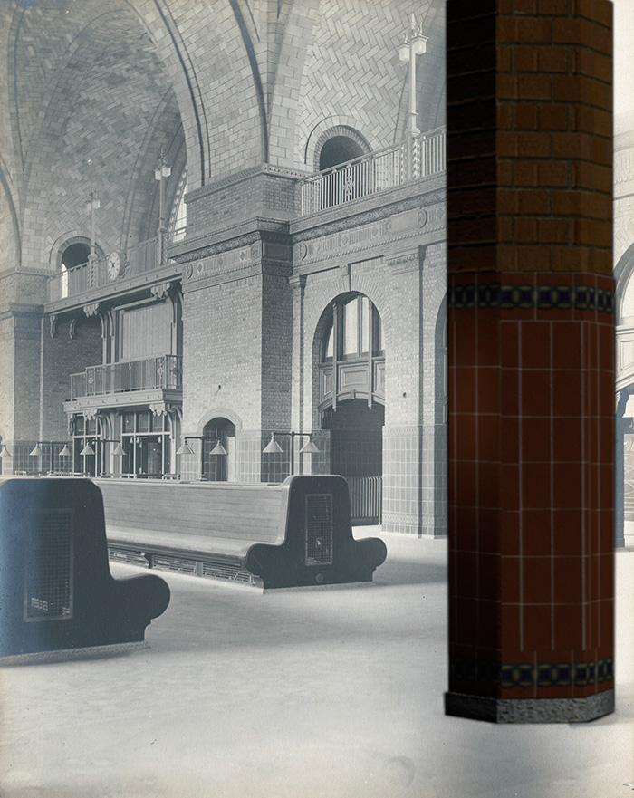 A digital rendering showing a column and part of the waiting area inside the Bragdon station.