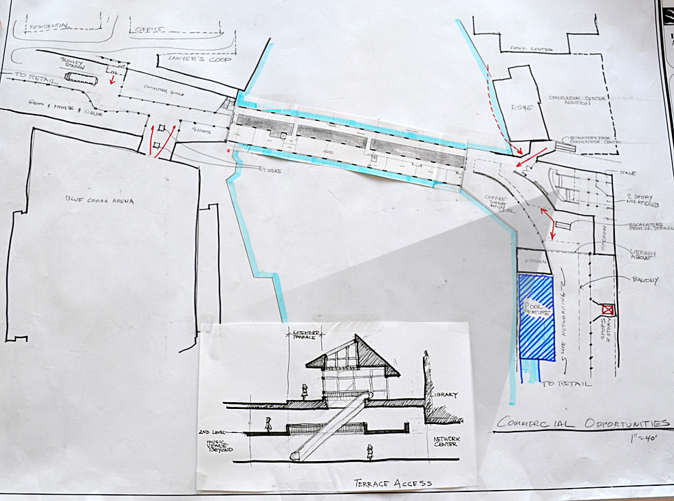 There'd be several access points into the space at either end of the bridge. A multi-level music venue or night club would be located on the east end of the bridge. And a rubber-tired trolley would be employed to connect the project with other downtown destinations and parking facilities. [Drawings courtesy of Broad Street Underground]