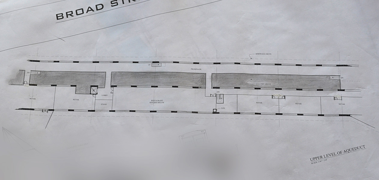 Here's a plan view of the Broad Street bridge with shops and pedestrian walkway inside. [Drawings courtesy of Broad Street Underground]