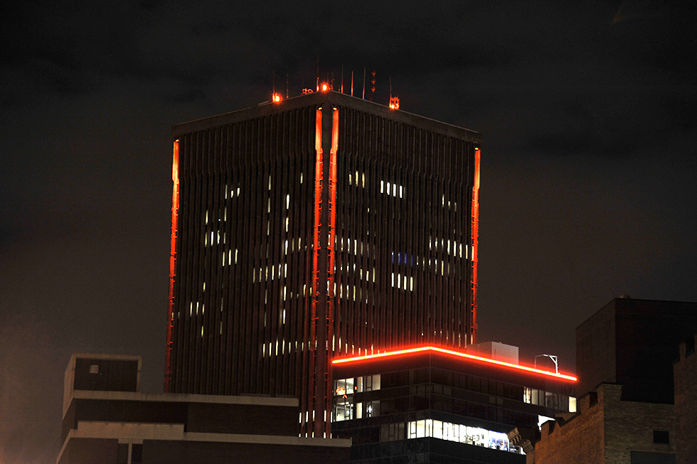 Rochester buildings were illuminated in red yesterday for National Wear Red Day, an event to raise awareness about heart disease & stroke for the American Heart Association. [Image: Kathy Oehling Photography]