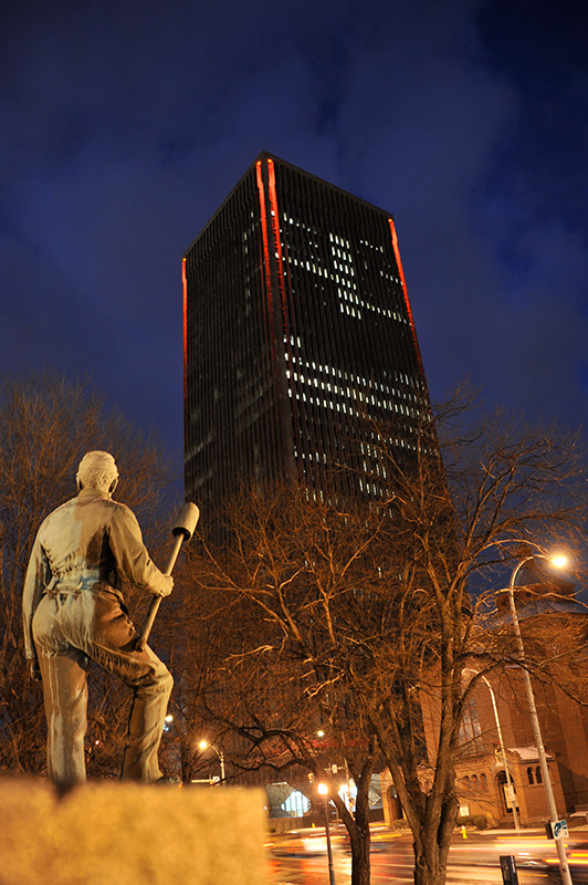 Rochester buildings were illuminated in red yesterday for National Wear Red Day, an event to raise awareness about heart disease & stroke for the American Heart Association. [Image: Kathy Oehling Photography]