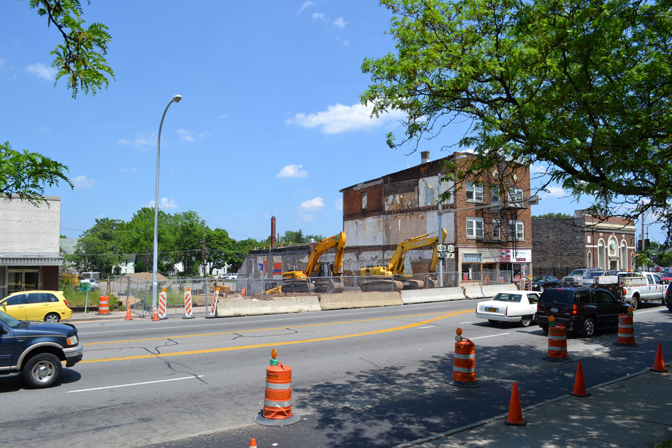 The City was demolishing two adjacent buildings in the row when a third building was also determined to be unstable. [PHOTO: RochesterSubway.com]