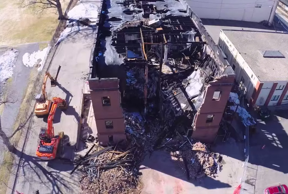 Aerial drone footage of Rochester; the subway and Carnegie Place after fire. [IMAGE: Ander Kazmerski]