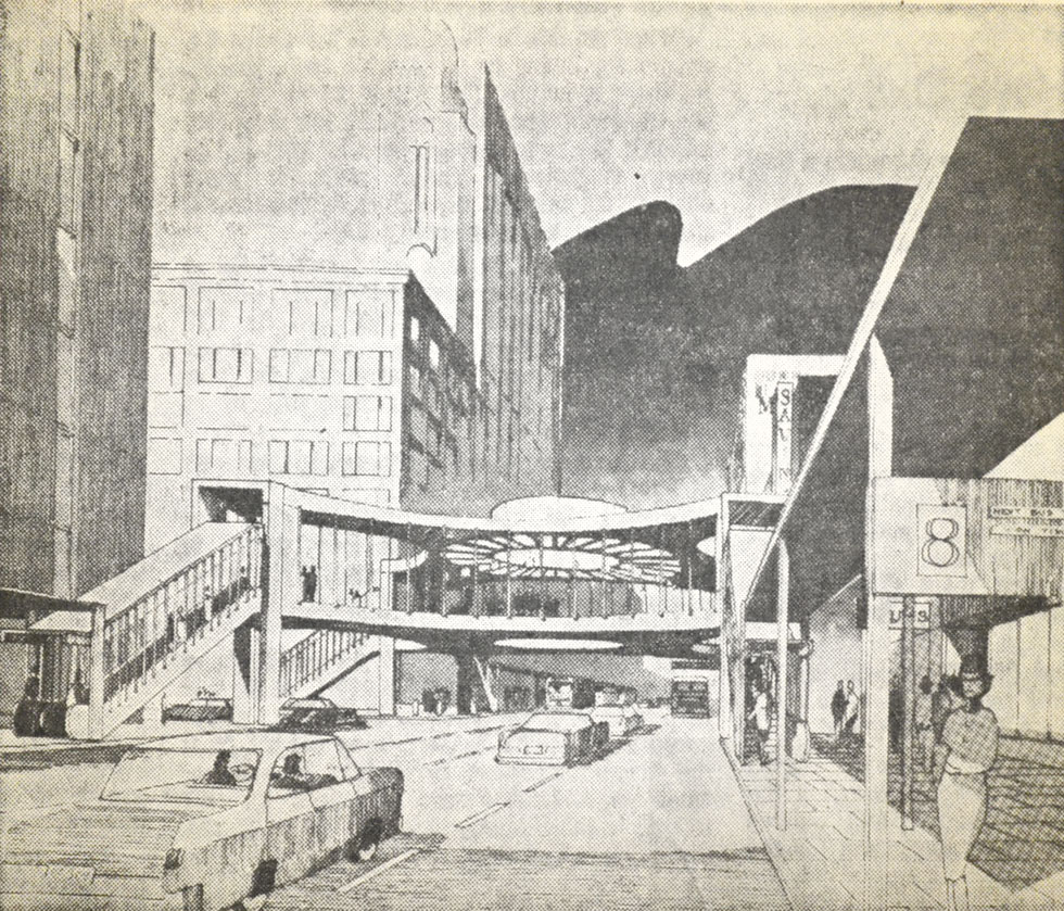 A concept by RTC president William Lang for a central transit terminal at Main & Clinton, Rochester NY. [IMAGE: Democrat & Chronicle, January 29, 1967]