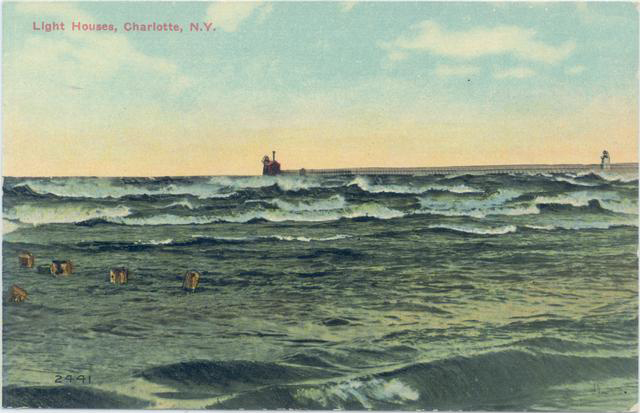 Postcard of the twin lighthouses. [IMAGE: Rochester Public Library Local History Division]