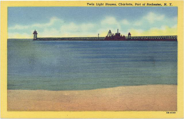 Postcard of the twin lighthouses. [PHOTO: Rochester Public Library Local History Division]