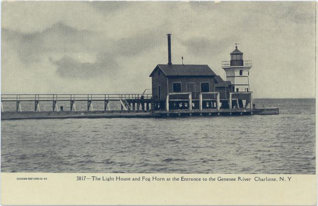 The lighthouse on the west pier. Notice the elevated cat walk to make it safer for the keeper to reach the light. [PHOTO: Rochester Public Library Local History Division]