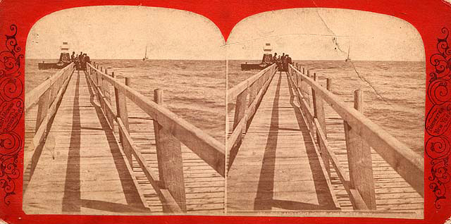 A stereoscope image of the wooden pier, 1880. [PHOTO: Rochester Public Library Local History Division]