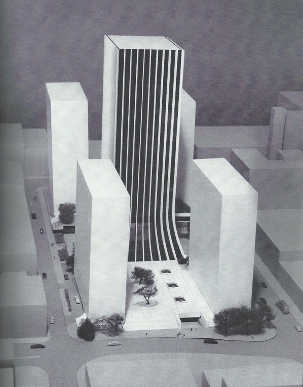 The Lincoln First Tower, now called Chase Tower was completed in the summer of 1972 at a cost of $20 million.  It is 398 feet tall. [Looking North. Stone St. is on the left, and Broad St. on the bottom]