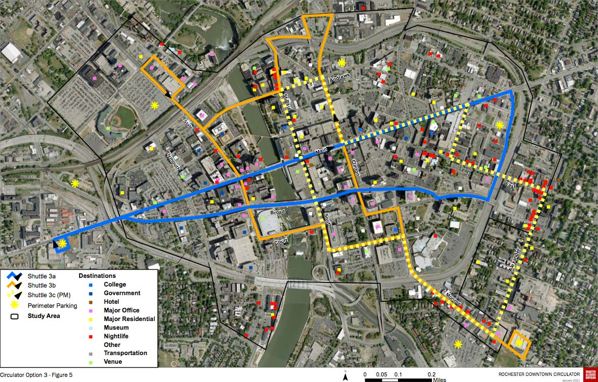 ROCHESTER CIRCULATOR OPTION 3: Two lines that provide good east-west coverage along Main Street, and north-south coverage along State Street, Clinton Avenue and Monroe Avenue. These routes could convert into a nice starter streetcar line. This option would cost the same as option 2.