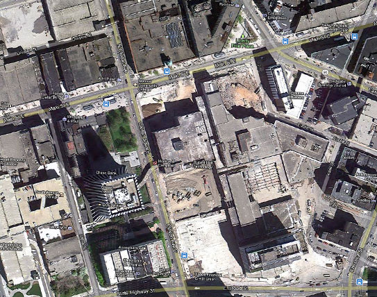 The Midtown Plaza crater. Former site of Seneca Hotel. [PHOTO: Google Maps]