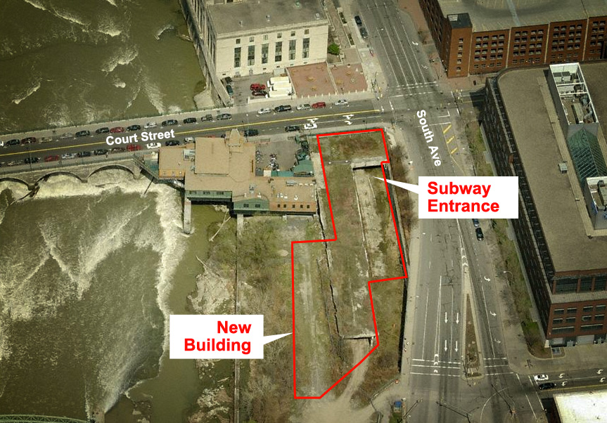 An aerial view of the subway entrance and site of proposed apartment complex. [PHOTO: Bing.com]