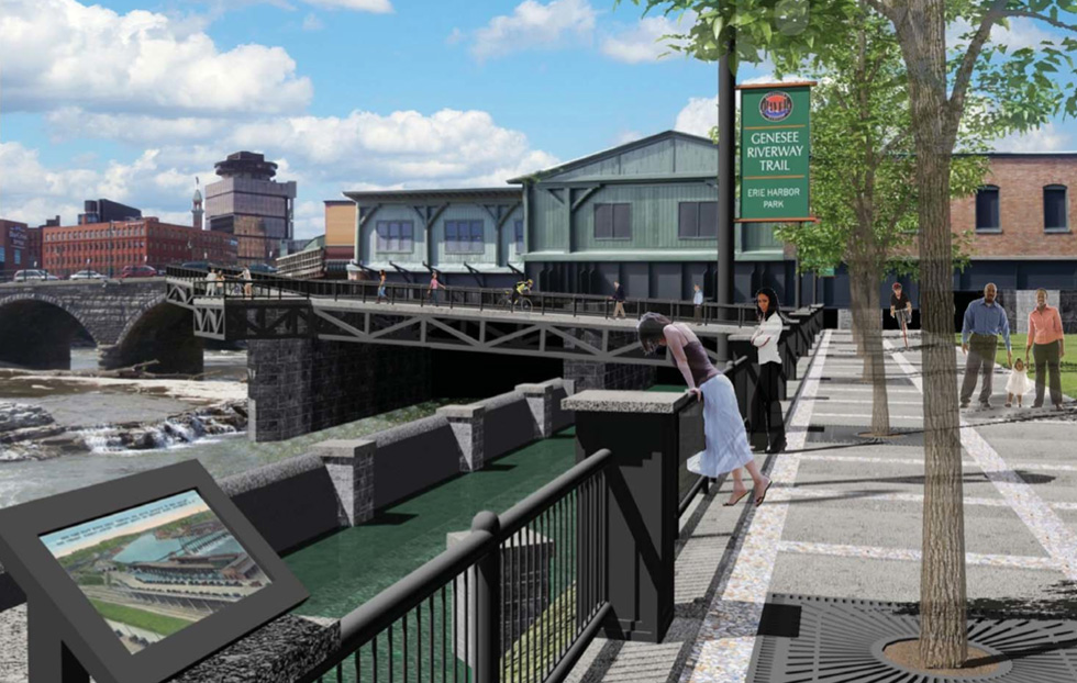 Proposed Erie Harbor Promenade connecting the Genesee Riverway Trail with Court Street. [IMAGE: City of Rochester]