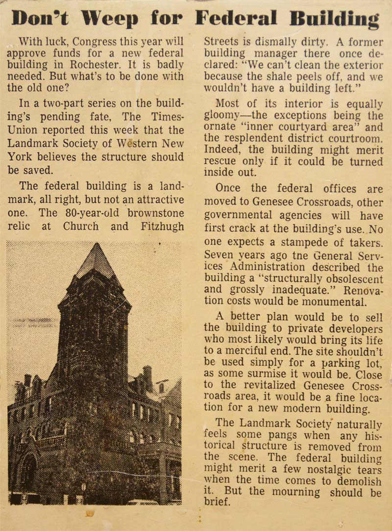 'Don't Weep for Federal Building' -Editorial, Rochester Times-Union, 8/28/1969 [PHOTO: Rick U.]