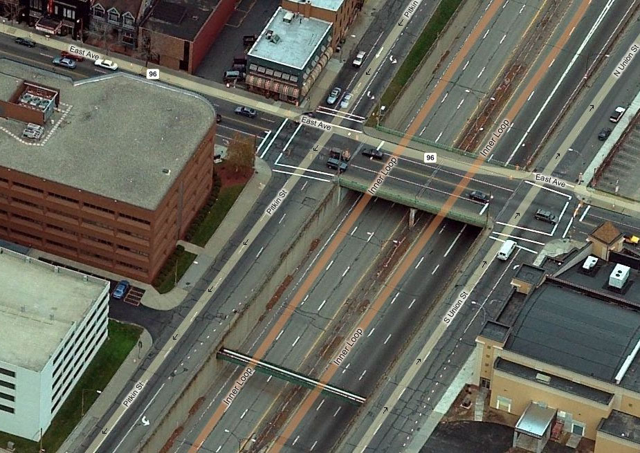 An aerial view of Rochester's crumbling and under-utilized Inner Loop.