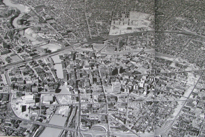 An aerial view of land clearing projects during the years of urban renewal in Rochester.