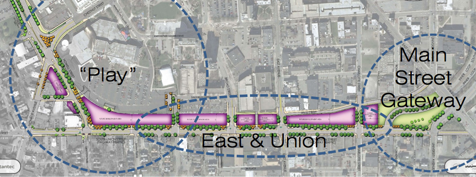 The presentation also applies themes to the different sections of Union Street. [IMAGE: Stantec / City of Rochester]