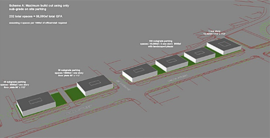 The City wants to avoid having this valuable land turned into surface parking lots. So planners explored a variety of possible building/parking configurations. [IMAGE: Stantec / City of Rochester]