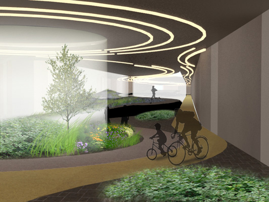 The forest is a 1/4 mile promenade lined with sprouting columns. Upon exiting the forest, visitors encounter mossy boulders and elevated grassy patches where they can relax and take in the scenery. [RENDERING: RocLowLine.com]