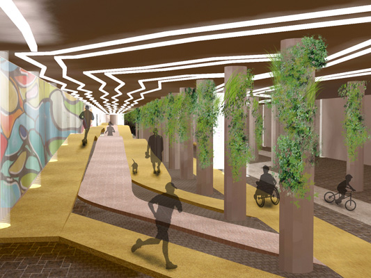Over the length of the tunnel, the greenery evolves and transforms into various gardens representing different ecosystems... wetlands, forests, mountains, etc. [RENDERING: RocLowLine.com]