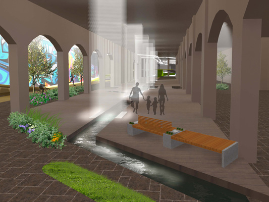 Inside the tunnel the park design includes several water features for visitors to enjoy. [RENDERING: RocLowLine.com]