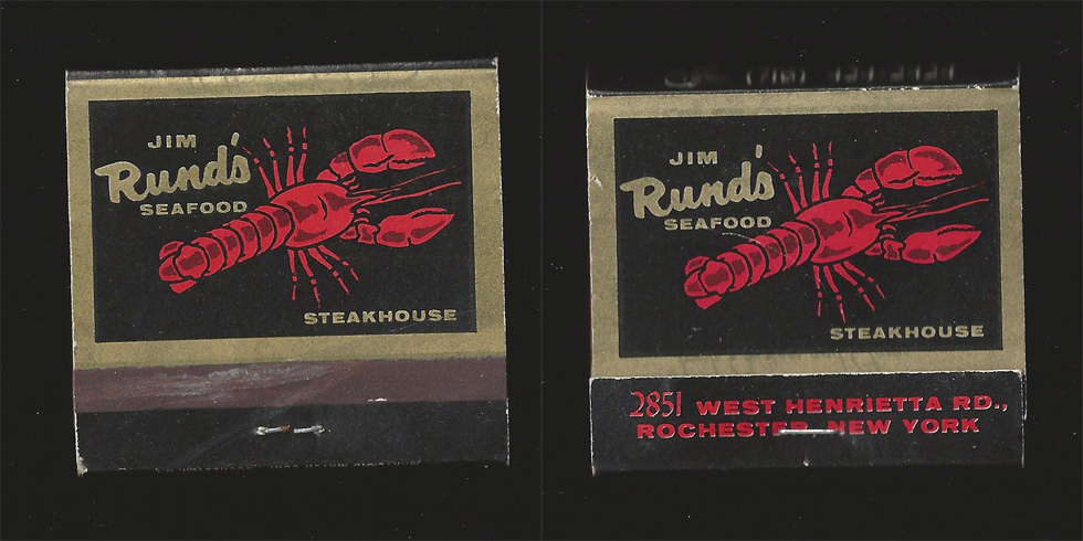 Jim Rund's Seafood matchbook.