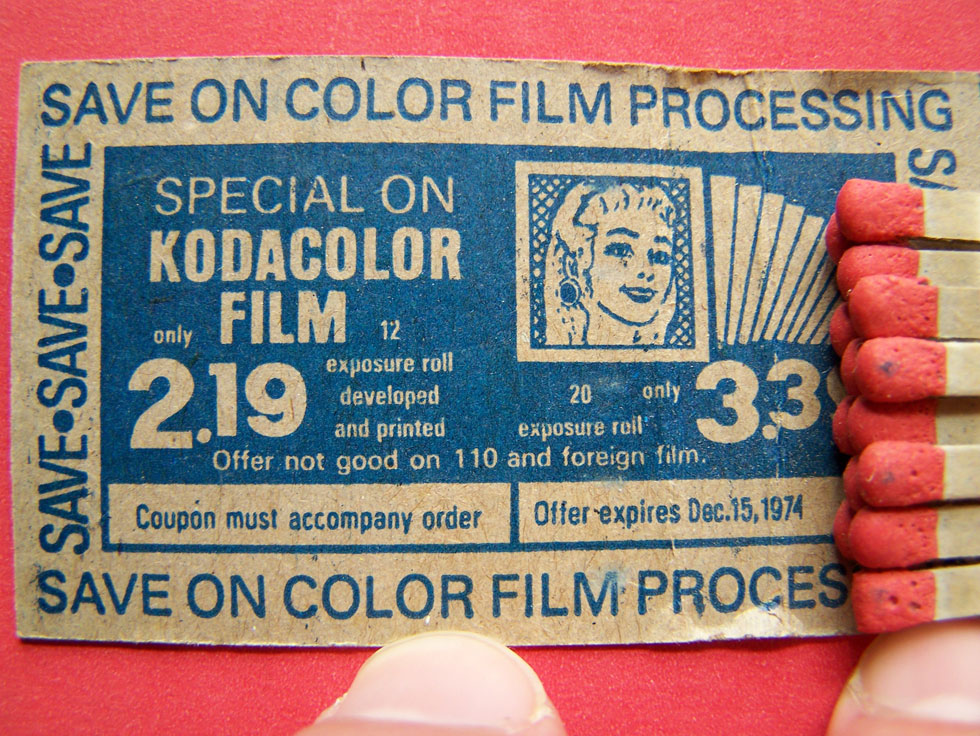 An ad for Kodacolor Film Processing inside a PG Drugstore matchbook.