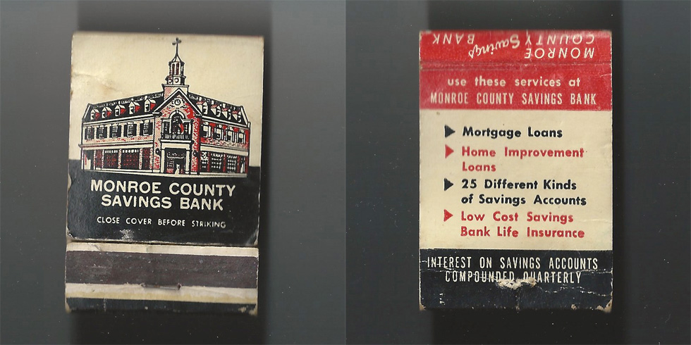 Monroe County Savings Bank matchbook.