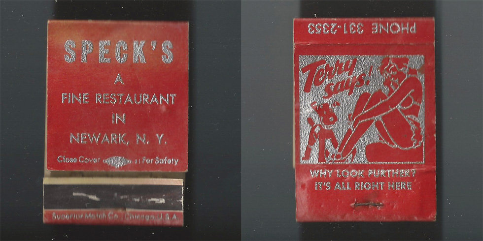 Speck's Restaurant matchbook.