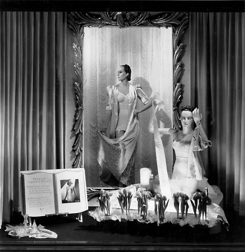 This scene features mannequins in women's lingerie. c.1940. [PHOTO: Rochester Public Library]